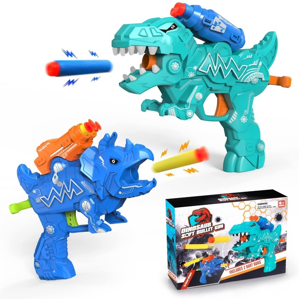 Dinosaur Foam Dart Gun Set T-Rex Triceratops Soft Bullet Blaster Toy 2 Pack